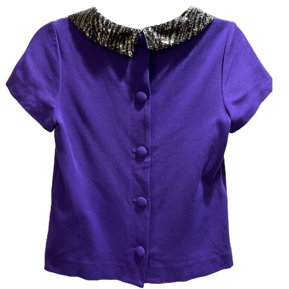 Milly Purple Blouse w/ Black Sequin Collar Back Buttons Short Sleeve Sz SM USA - Picture 3 of 11